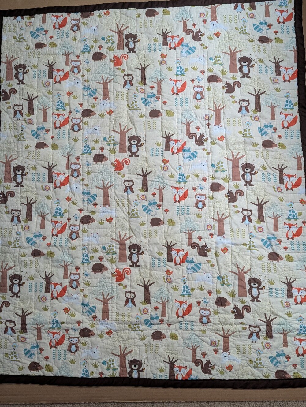 Handmade 42x34 Woodland Animal Baby Quilt - Brown, Green, Blue - Picture 2 of 2